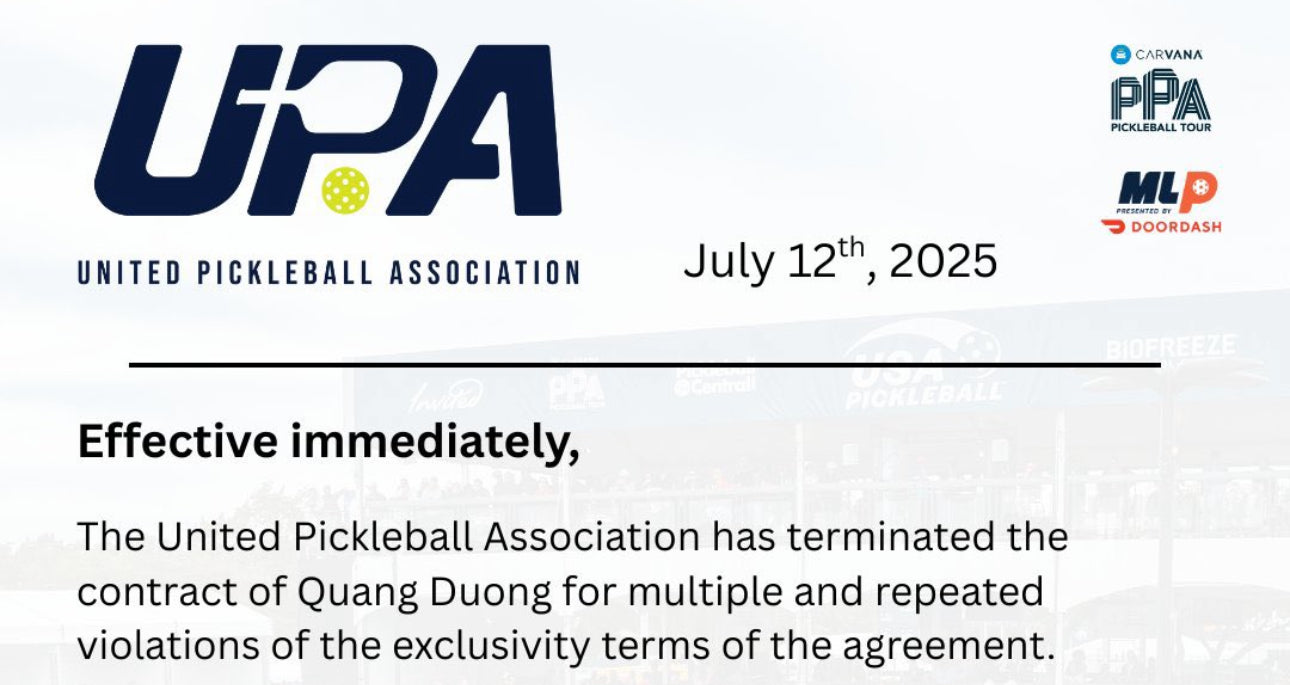 Quang Duong UPA United Pickleball Association banned July 12 2025 corruption contract statement update news