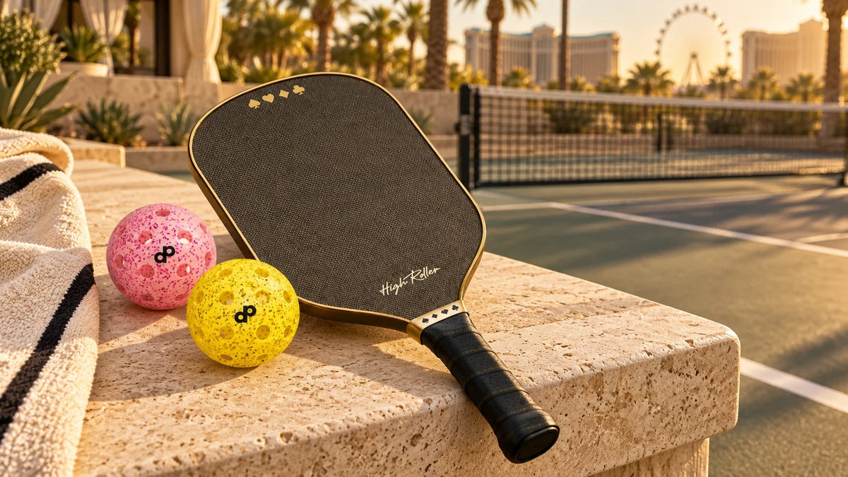 The High Roller paddle with one pink and one yellow DOPE glitter pickleball on a sunlit cream courtside bench.