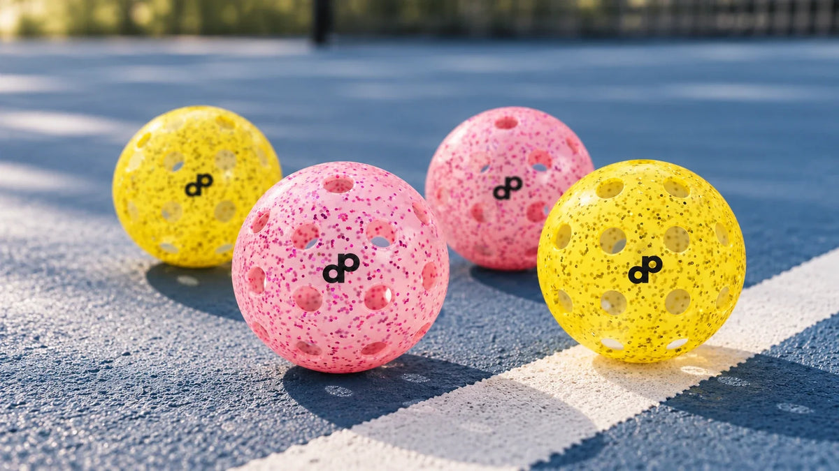 Four DOPE pink and yellow glitter pickleballs beside the line on a sunlit pickleball court.