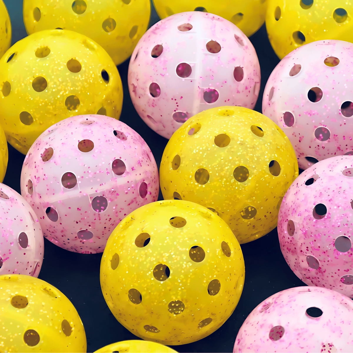 Pink and yellow glitter-infused pickleballs arranged together on a dark surface