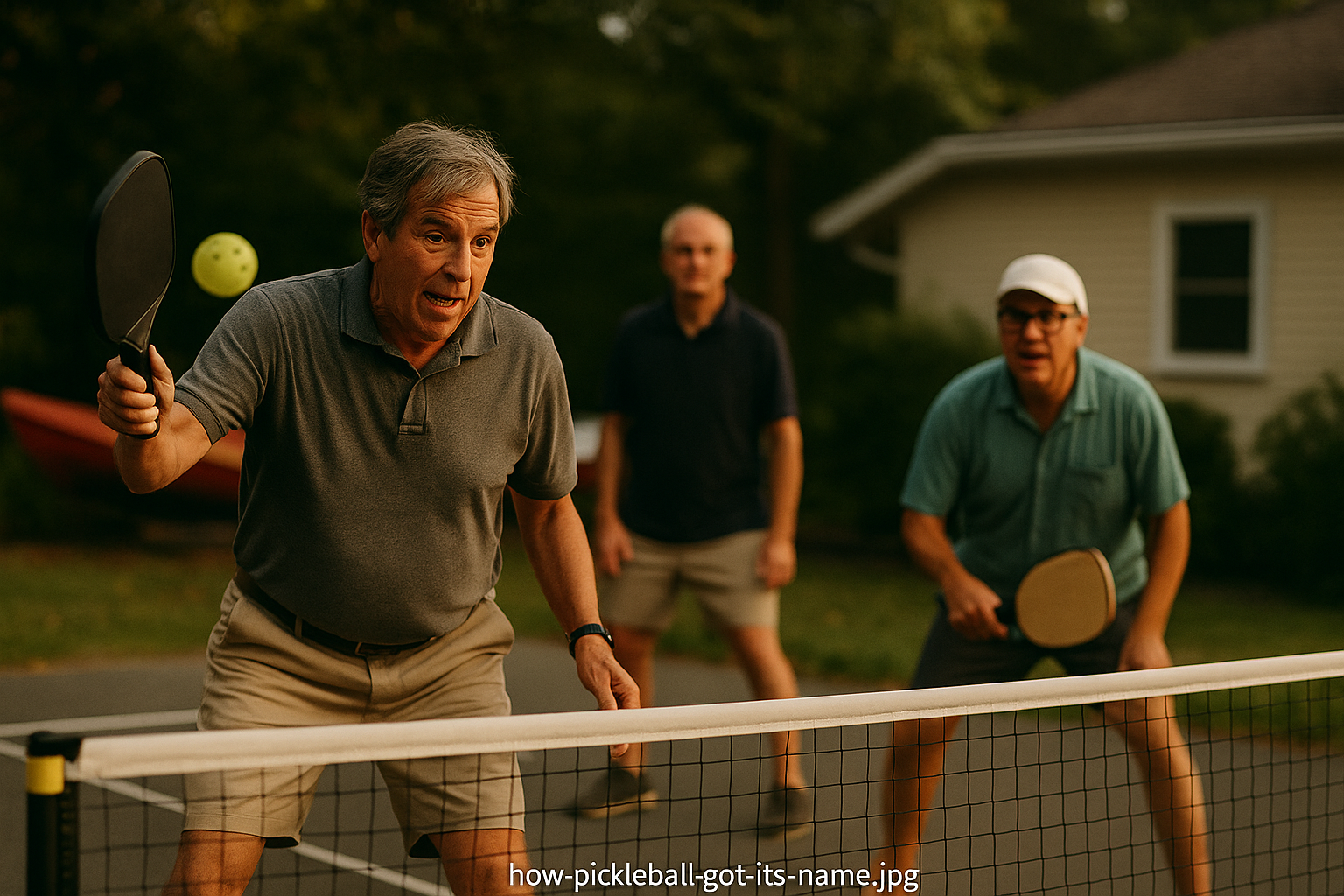 Three men playing pickleball on a backyard court