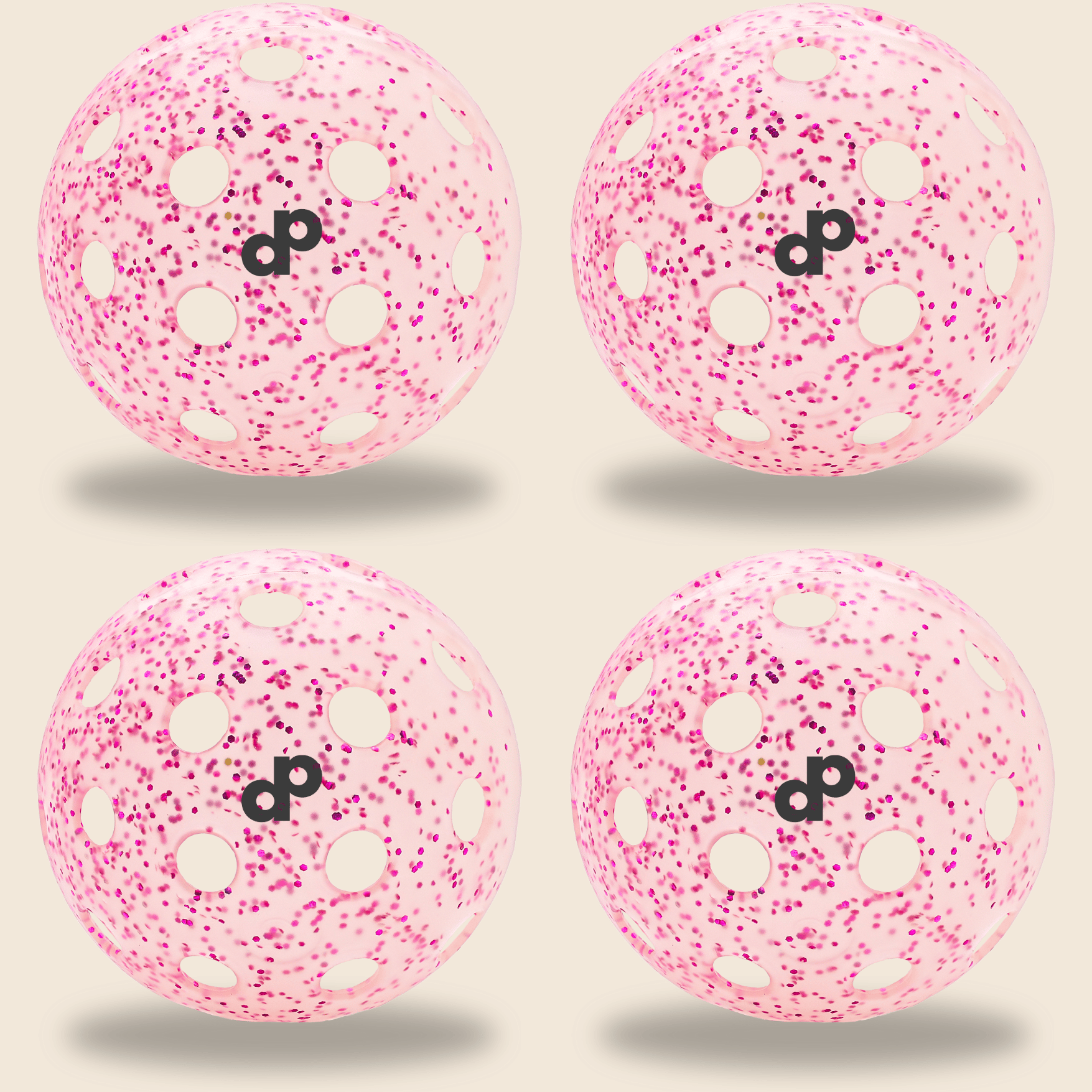 Dope Pickleball Co. glitter-infused pickleball balls in yellow and pink, outdoor-approved and patent-pending.