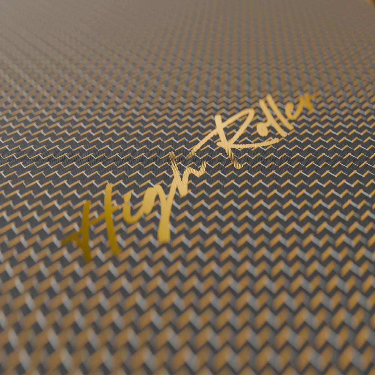 High Roller paddle face pattern and gold script, close up.