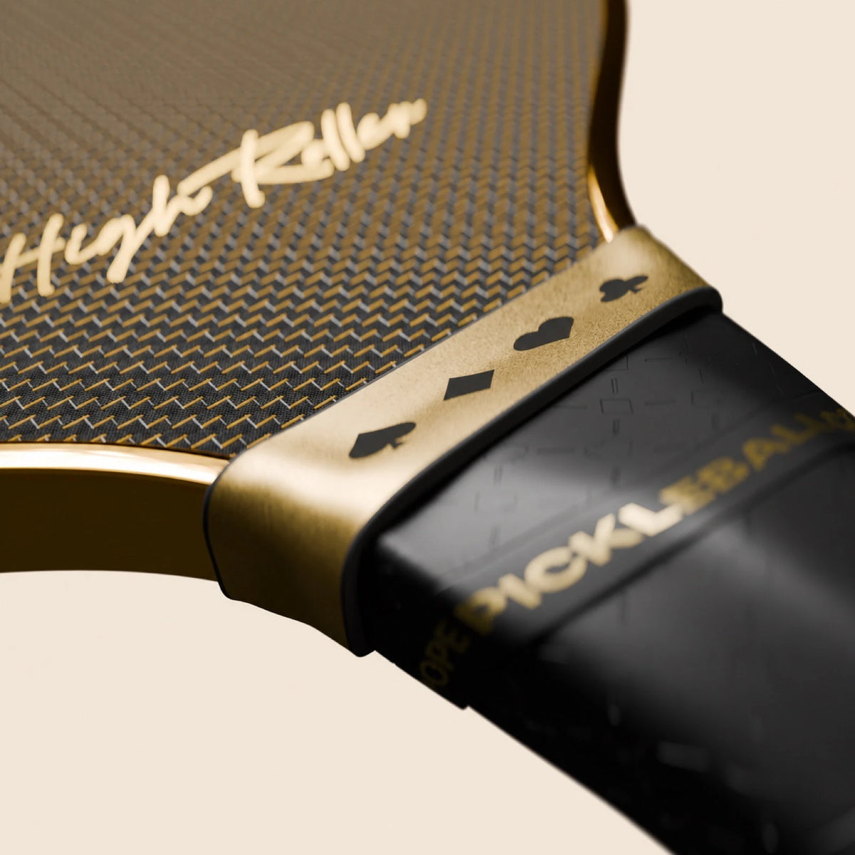 High Roller paddle gold collar and printed grip detail on cream