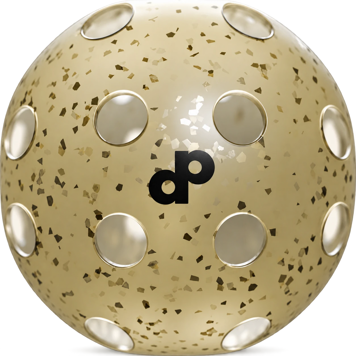 Close-up of the High Roller pickleball's pale champagne shell, gold glitter, black dp logo and surrounding holes on cream.