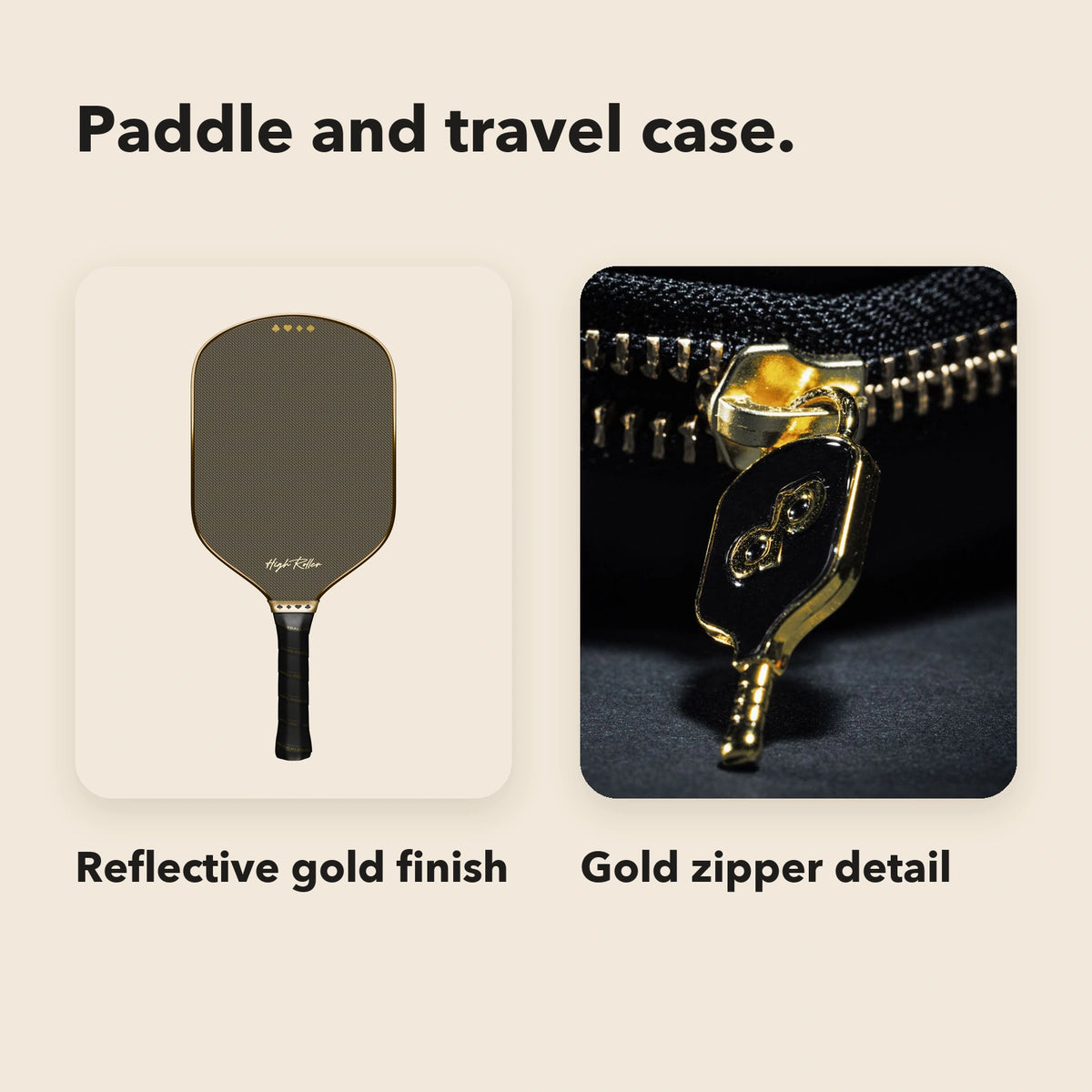 High Roller Club Bundle paddle and travel-case closeups labeled Reflective gold finish and Gold zipper detail.