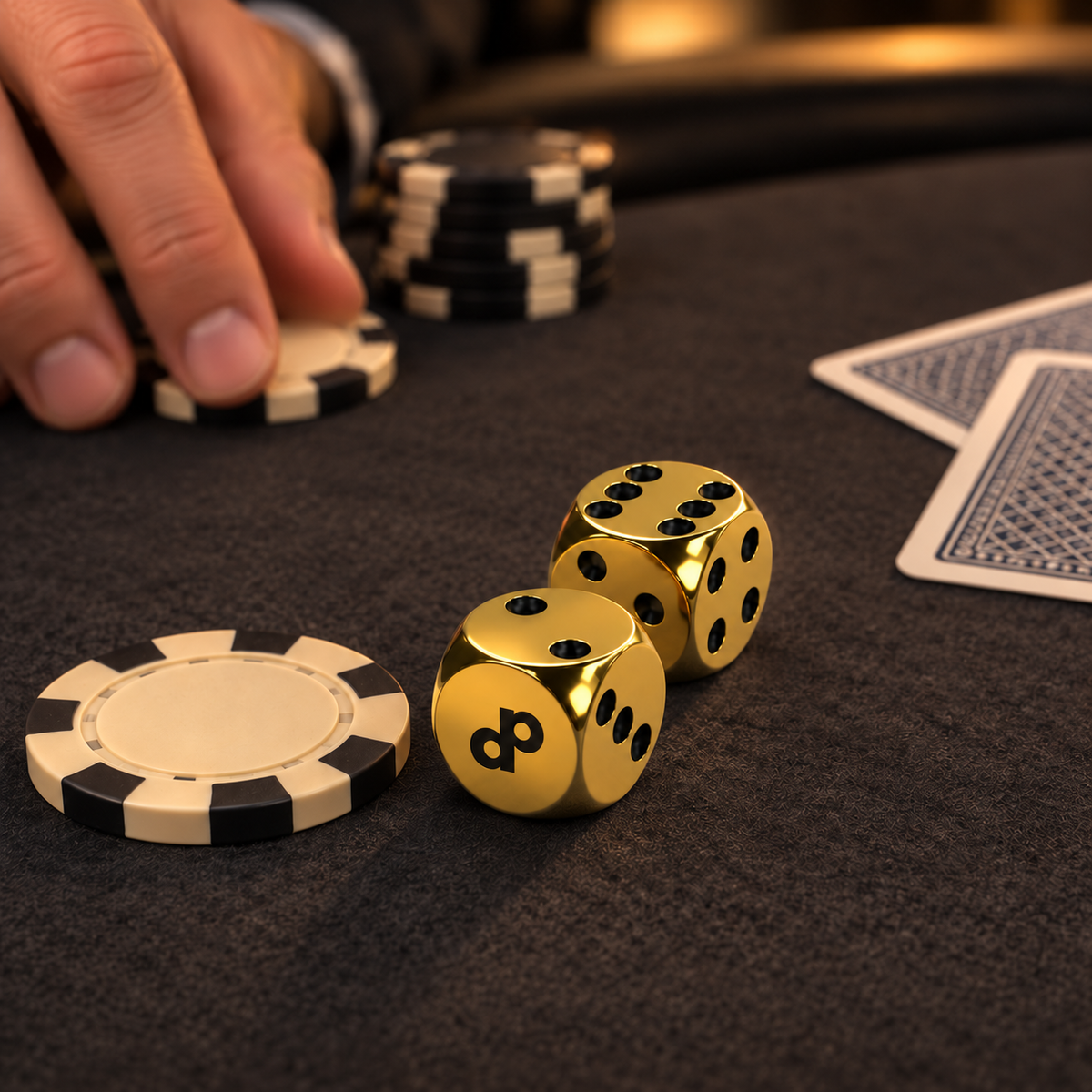 High Roller gold metal dice on a dark poker table beside playing cards and chips; cards and chips are styling props.
