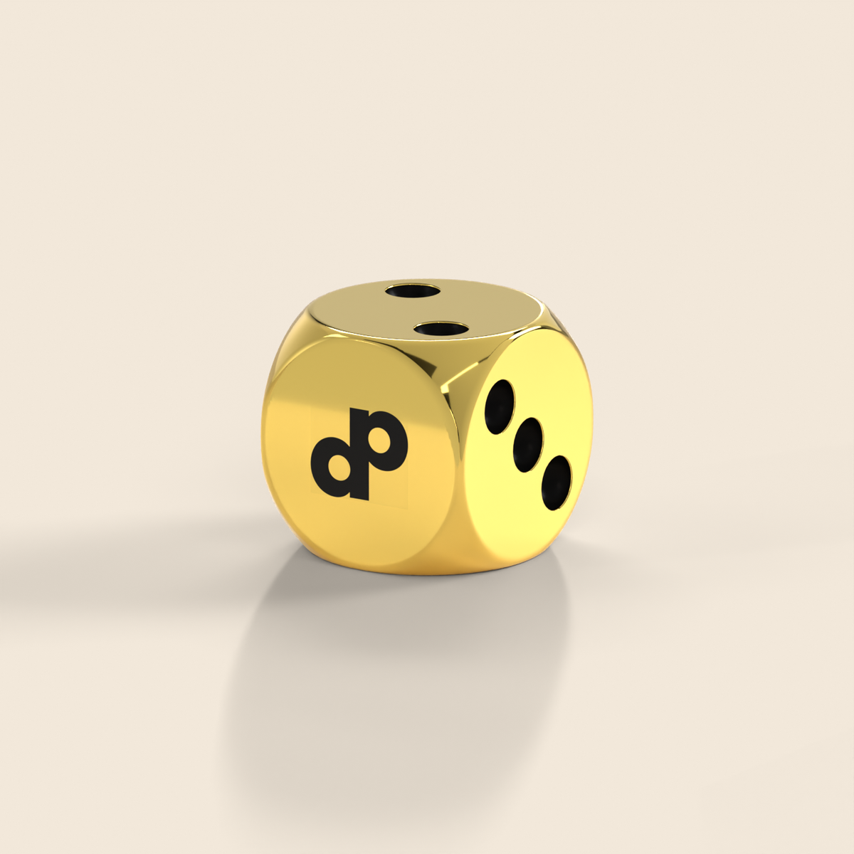 High Roller gold metal die at an angle, showing the DP logo and circular numbered faces.