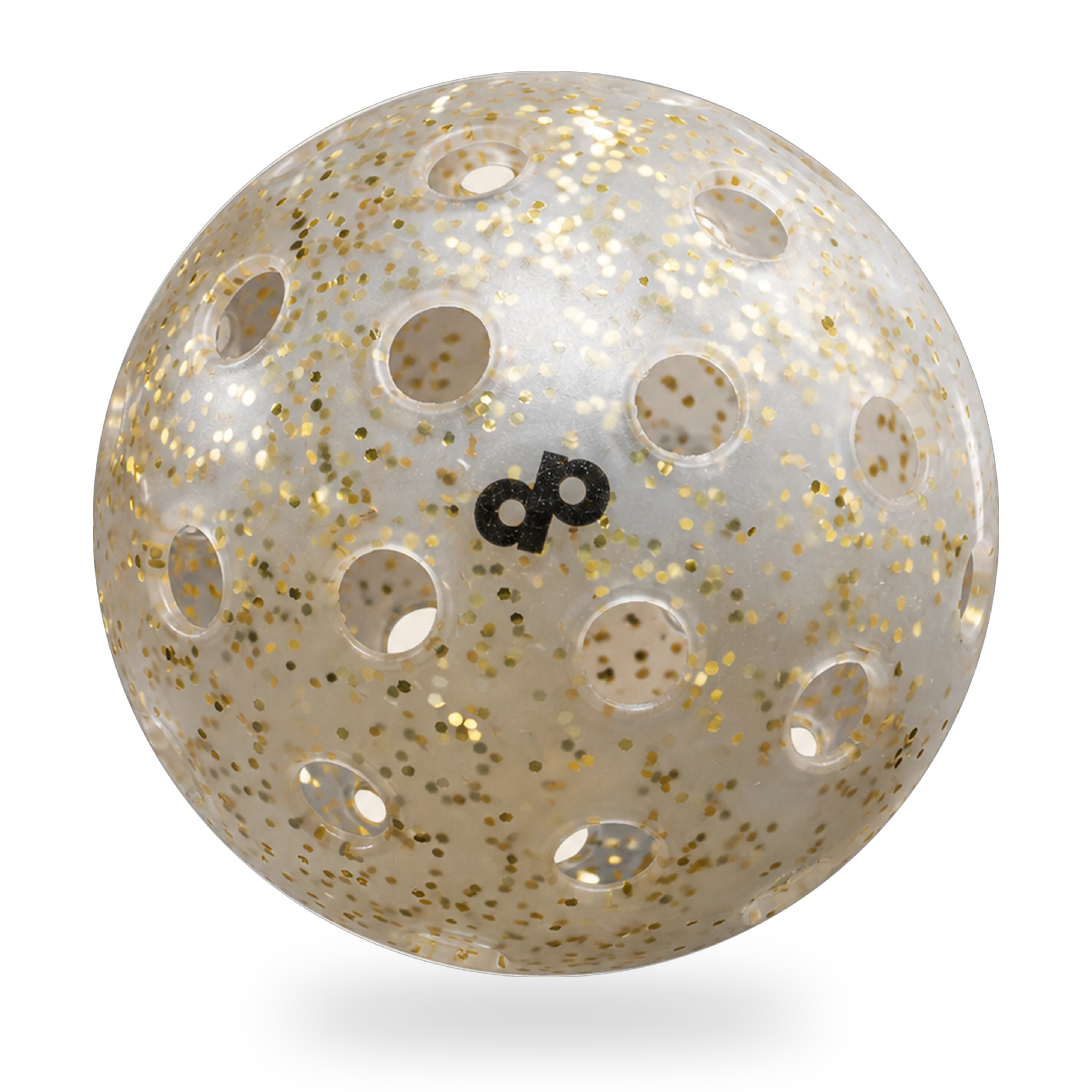 Alternate angle of a DOPE clear pickleball with metallic gold glitter on the brand beige background