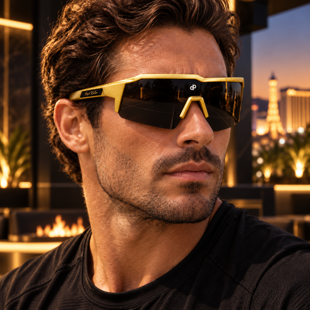 High Roller gold-frame sunglasses worn in a black and gold Las Vegas resort setting.