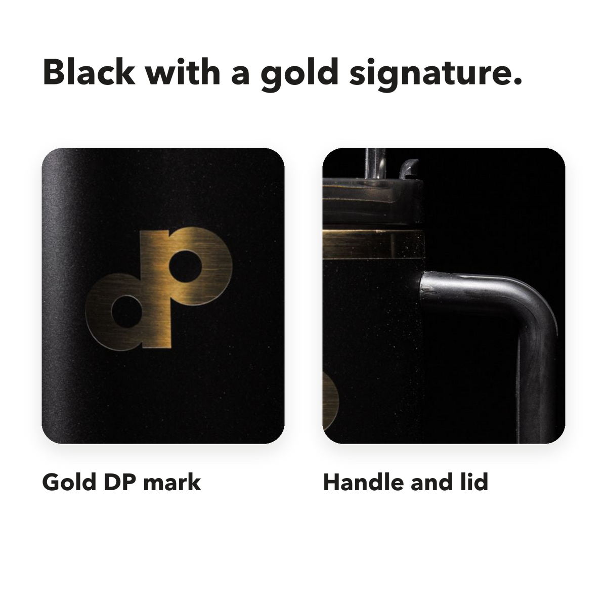High Roller tumbler closeups labeled Gold DP mark and Handle and lid.