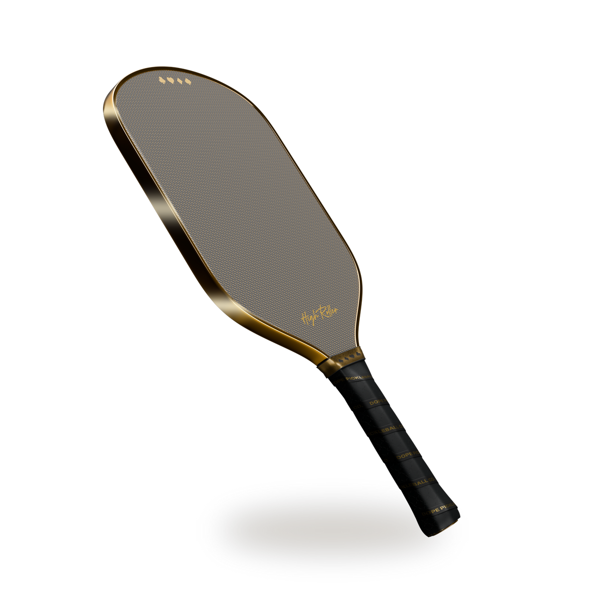 High Roller paddle on warm cream, with bright studio reflections along its gold edge and the original patterned face, suit-symbol collar and printed grip.