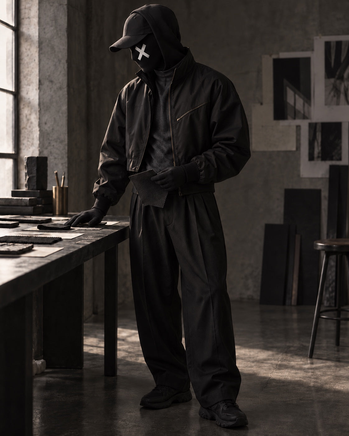 Stitch in a cropped black jacket, wide pleated trousers and sewn black fabric gloves, studying a textile swatch in a shadowed studio. A white X marks his face covering.