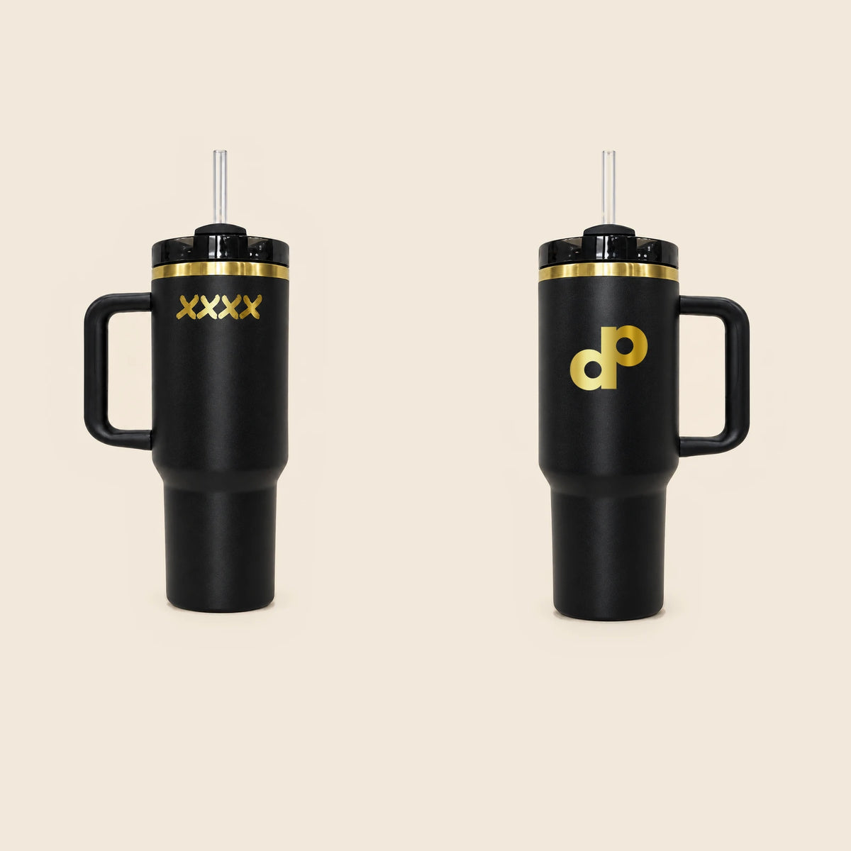 Front and reverse of the High Roller 40 oz tumbler, showing gold DP artwork and four rear cross details, with complete straws, handles and bases.