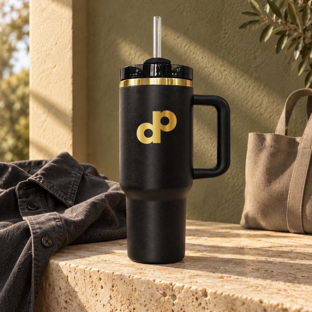 Black and gold High Roller tumbler on travertine with charcoal fabric and a canvas tote in warm architectural light.