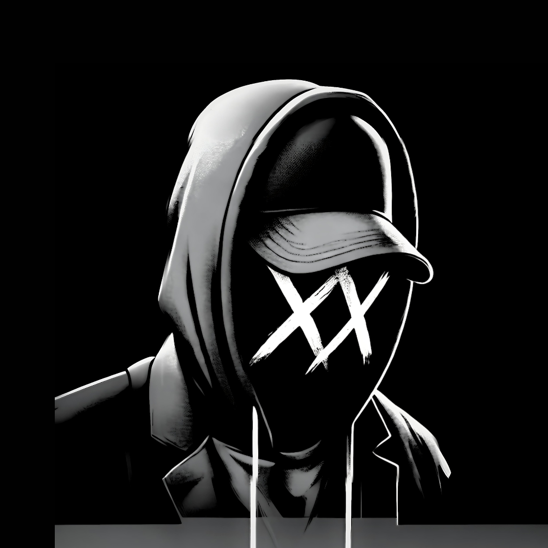 Stitch illustrated in black and white with a hood, cap and crossed face marks