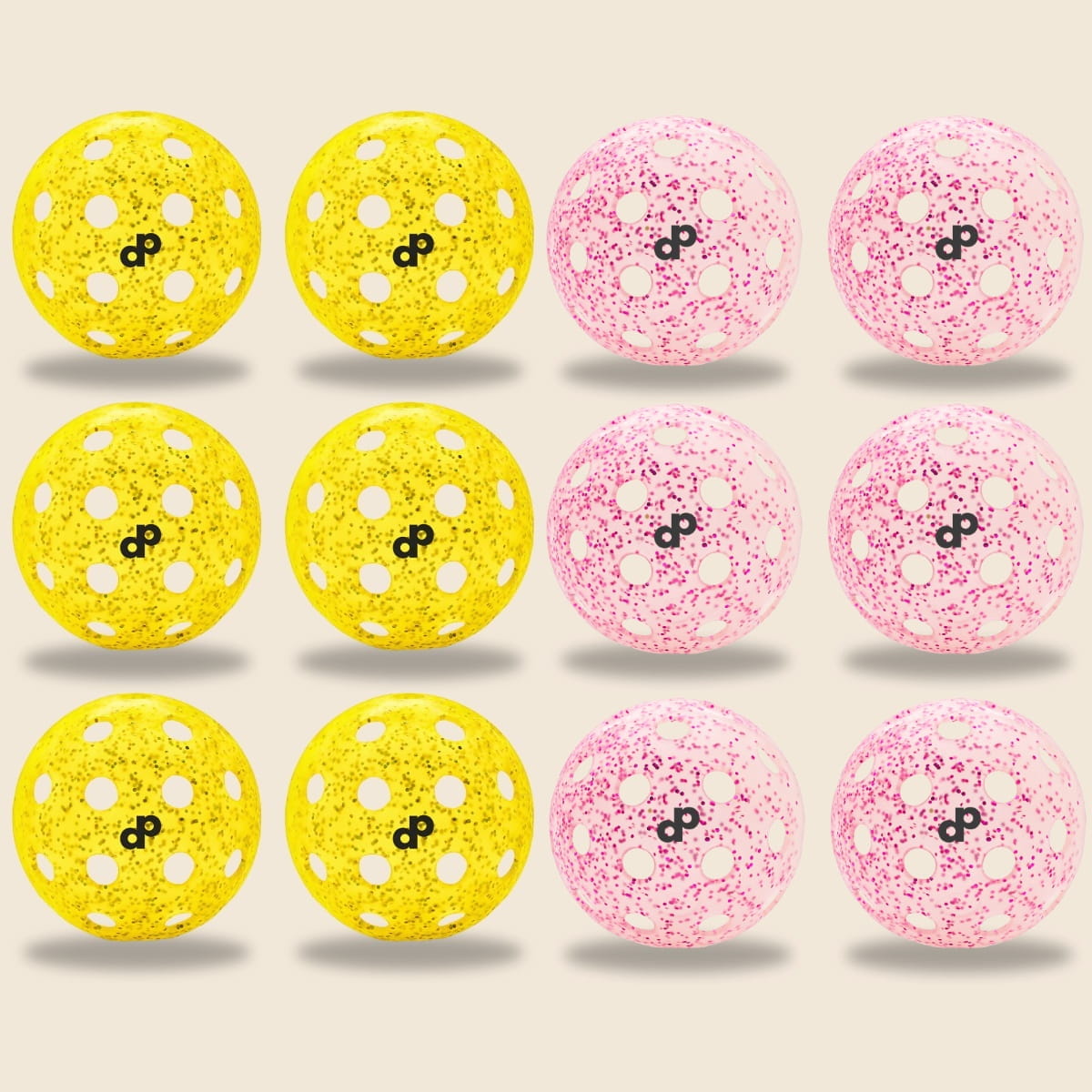 Twelve-pack of pink and yellow glitter-infused pickleballs by Dope Pickleball Co.