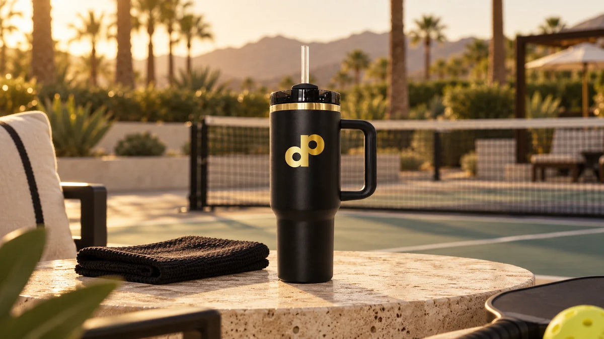 The black and gold High Roller 40 oz tumbler, complete with handle and clear straw, on a cream courtside table.