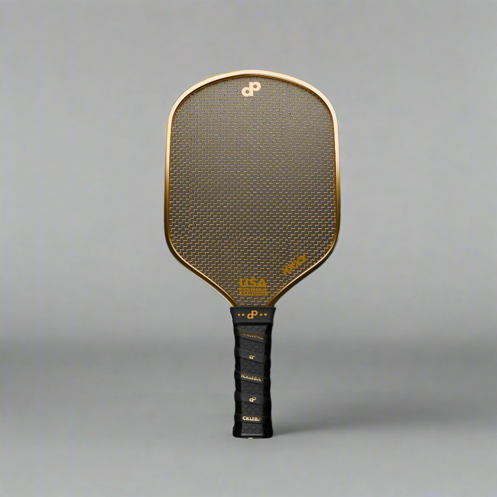 High Roller Pickleball Paddle, 3k Carbon Fiber, Chrome Gold, Grey Background, Luxury Professional, Top Rated 2024, USA, Dope Pickleball Co.