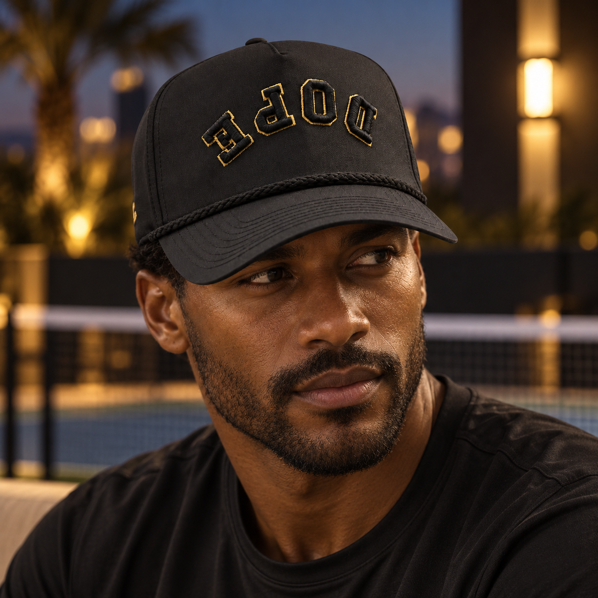 Dope x Reversed Black Performance Hat styled in a black-and-gold private sports club scene. Editorial lifestyle image.