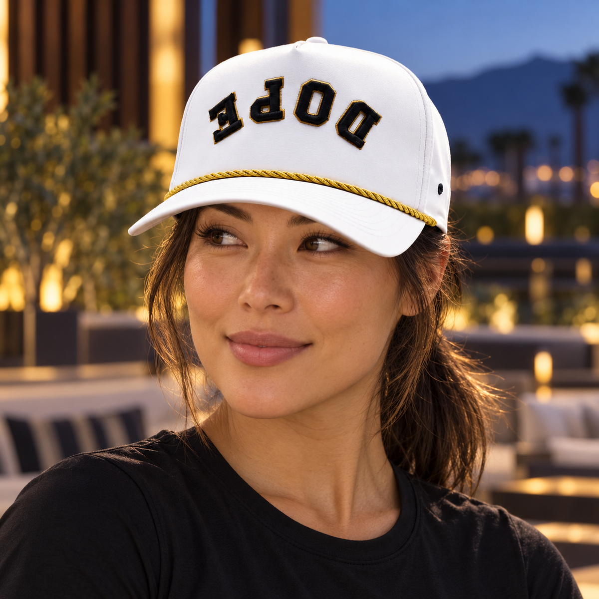 Dope x Reversed White & Gold Performance Hat styled in a black-and-gold private sports club scene. Editorial lifestyle image.