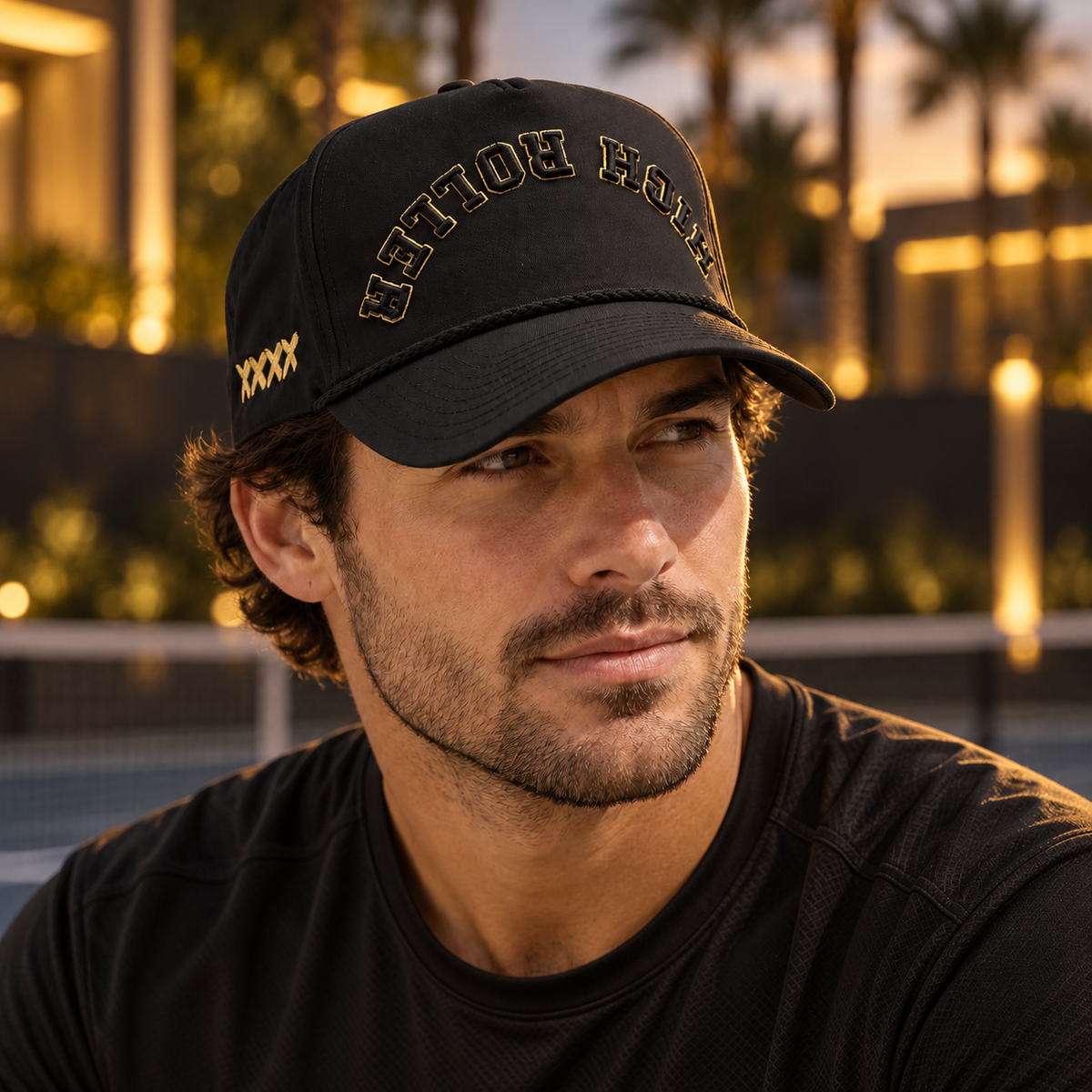 High Roller x Reversed Black & Gold Performance Hat styled in a black-and-gold private sports club scene. Editorial lifestyle image.