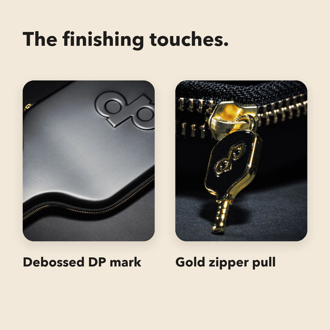 High Roller travel-case closeups labeled Debossed DP mark and Gold zipper pull.
