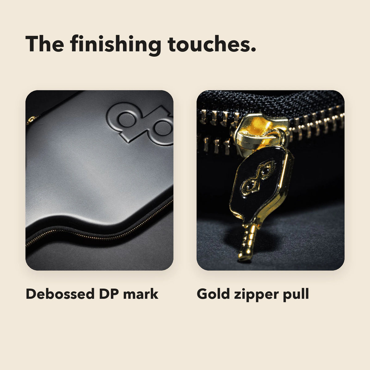 High Roller travel-case closeups labeled Debossed DP mark and Gold zipper pull.