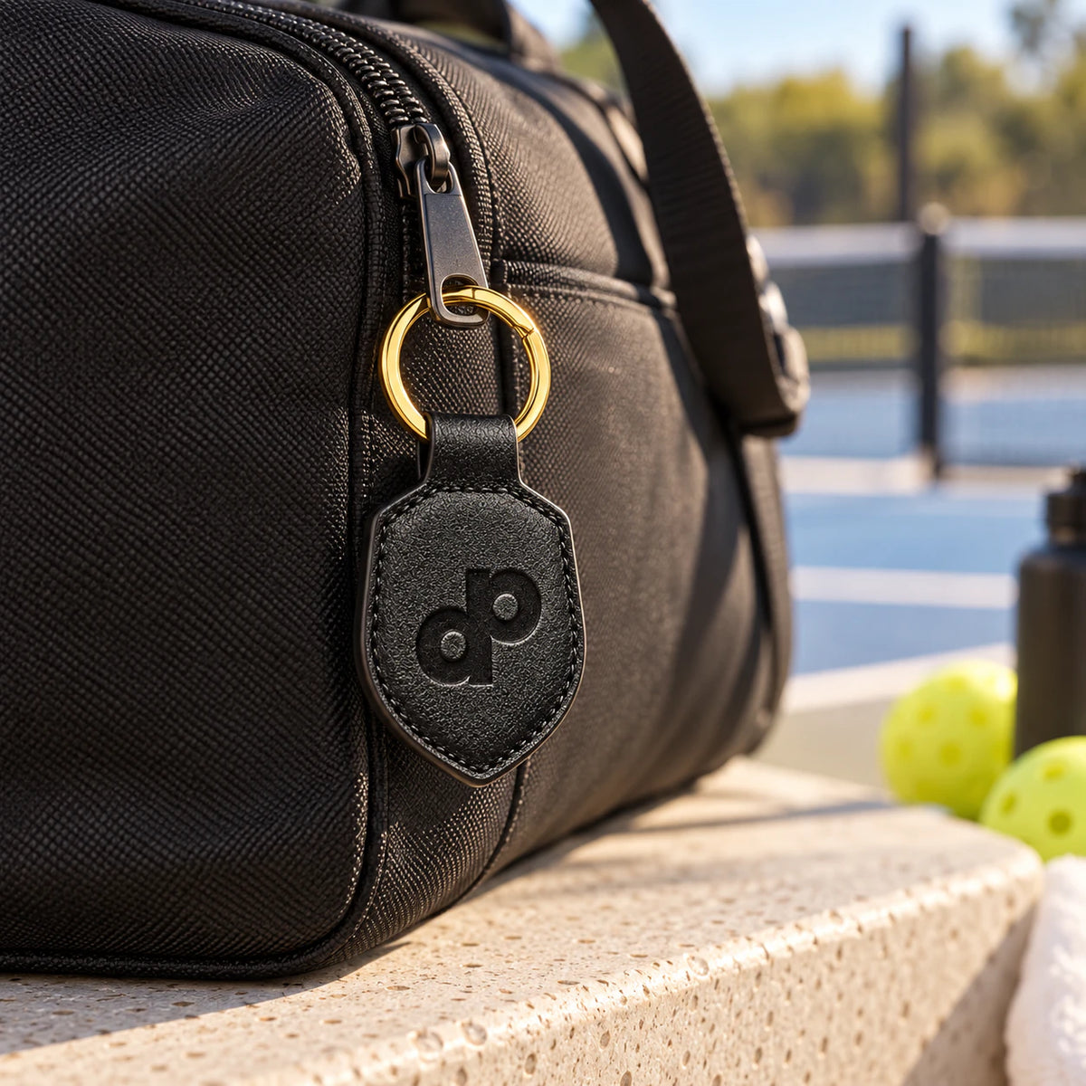 High Roller leather keychain attached by its gold-tone ring to a black bag zipper; bag is a styling prop.