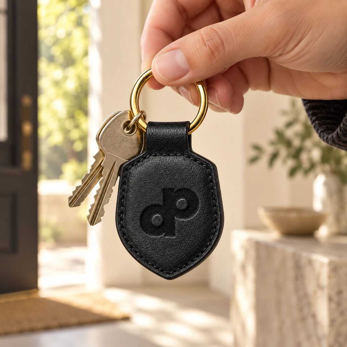 High Roller black leather keychain carried in hand with keys; keys are styling props.