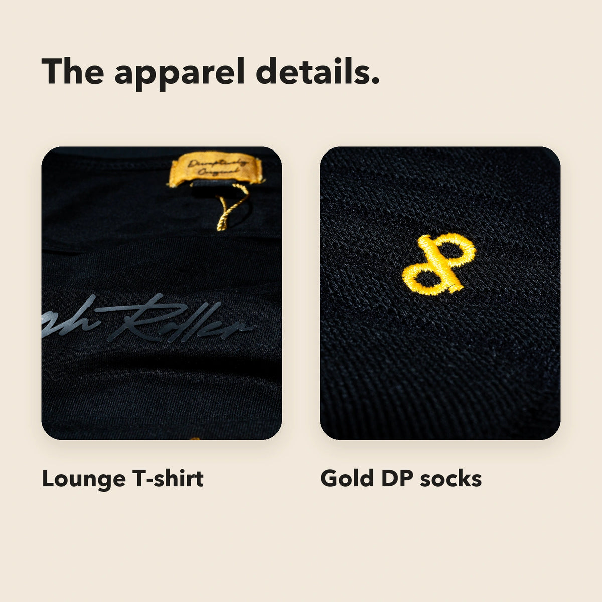 High Roller Club Bundle apparel closeups showing the Lounge T-shirt and gold DP socks.