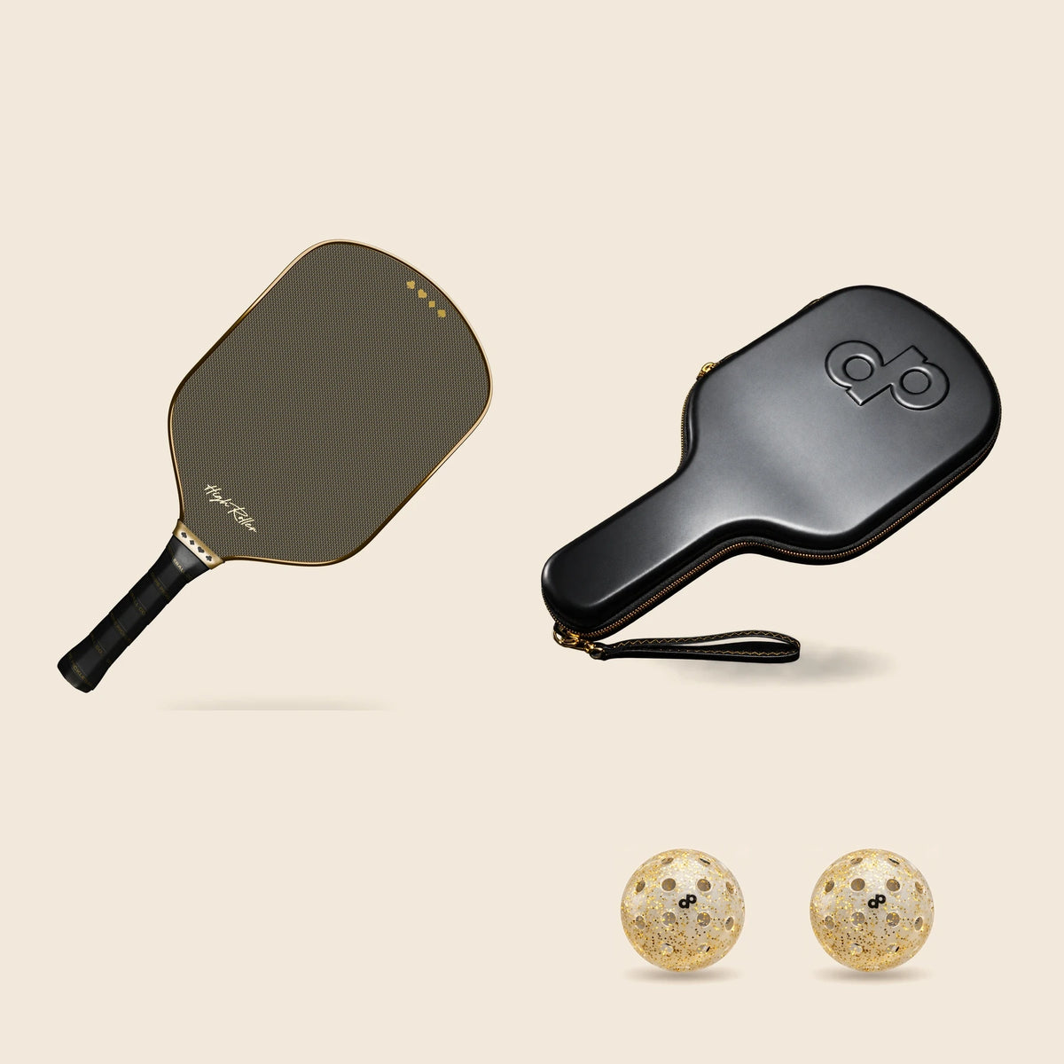 High Roller paddle and matching travel case with two gold-glitter pickleballs, arranged on cream.