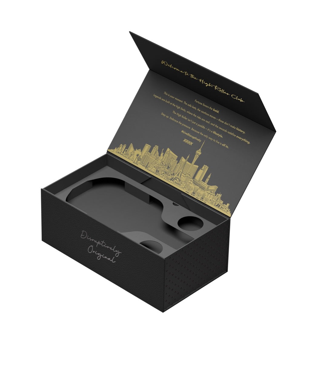 Open black High Roller presentation box with gold Las Vegas skyline artwork, Welcome to the High Roller Club lettering, and fitted empty compartments.