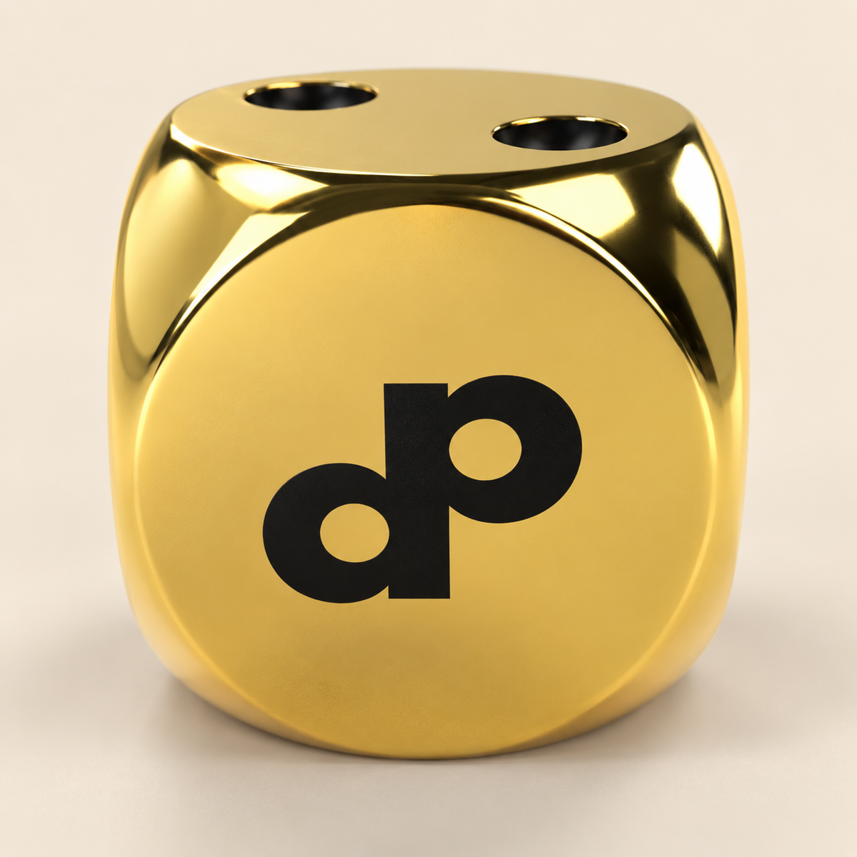 Close detail of the circular face, black DP mark, rounded gold body, and recessed black pips on a High Roller die.