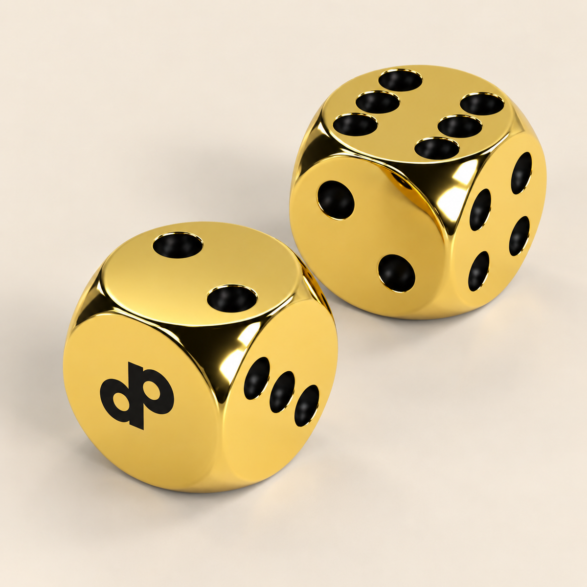 Two High Roller gold metal dice with circular flat faces, black DP marks, and black recessed pips.