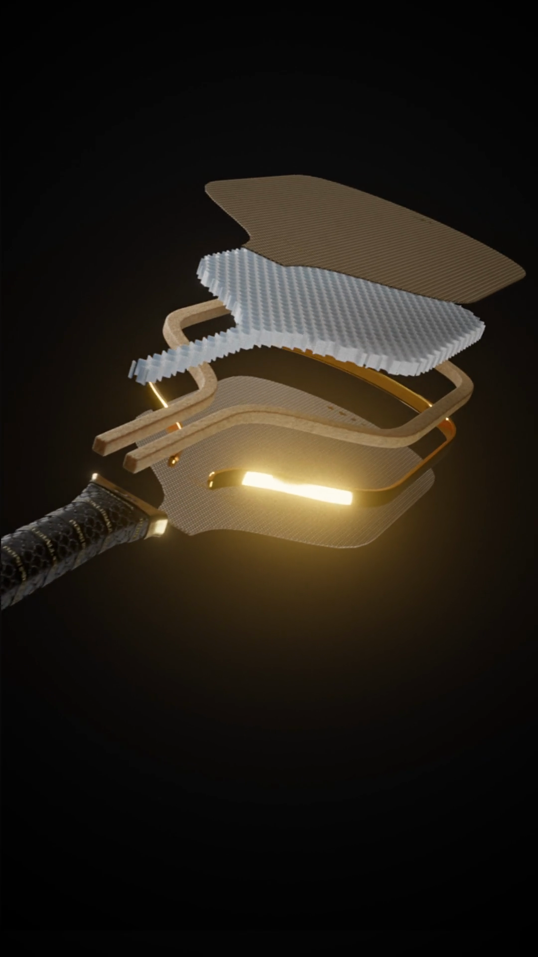 Exploded view from the High Roller product animation, showing the face, cellular core, handle and separate ornamental perimeter.