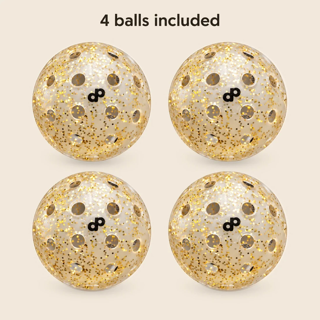 Four translucent High Roller gold-glitter pickleballs with black DP marks, shown on cream with the label 4 balls included.