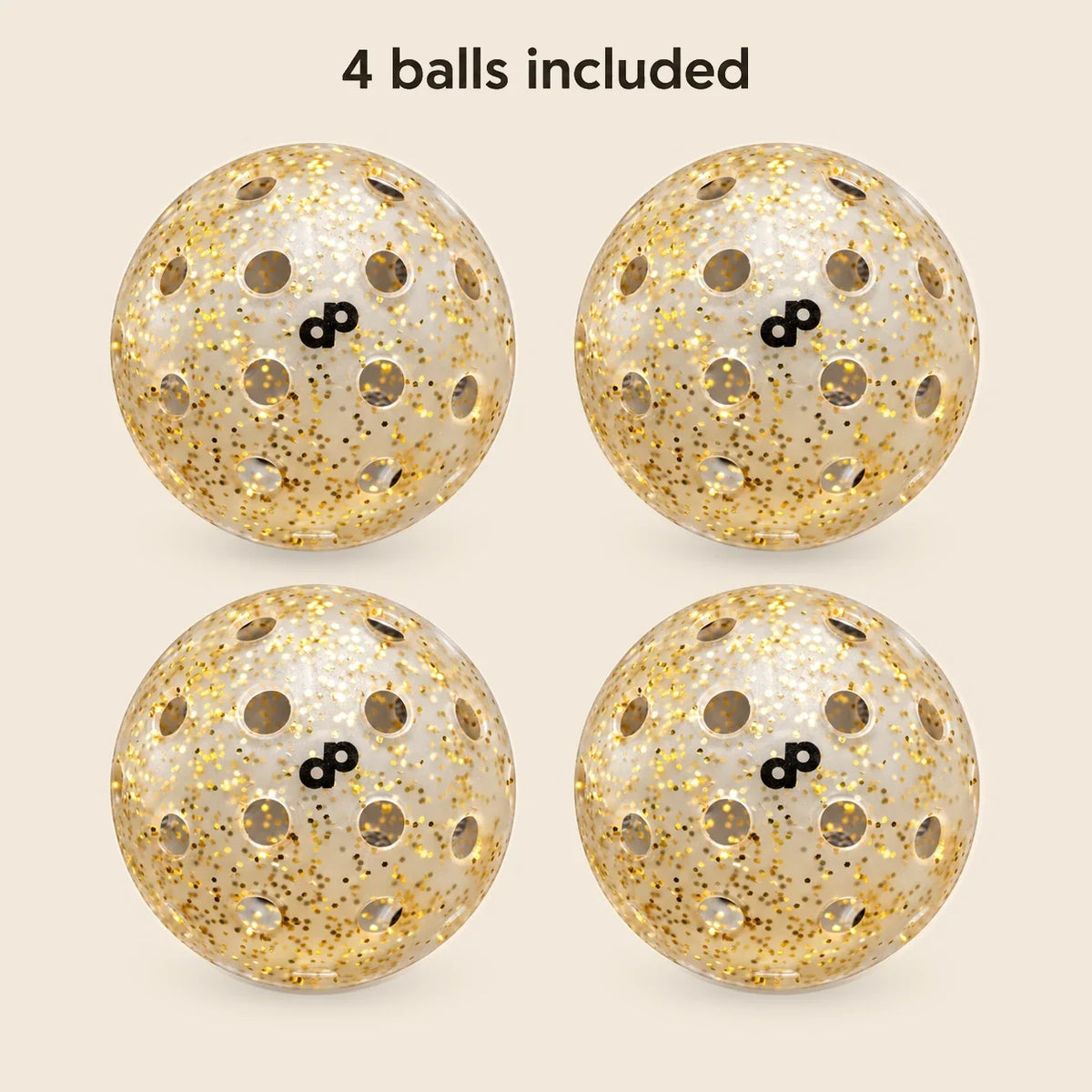 Four translucent High Roller gold-glitter pickleballs with black DP marks, shown on cream with the label 4 balls included.