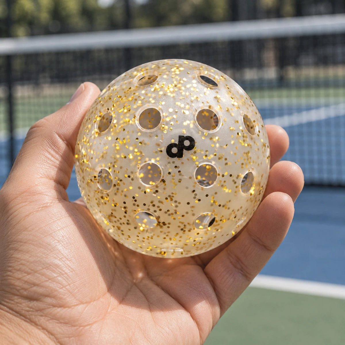 Clear High Roller gold-glitter pickleball held courtside, showing embedded gold flakes and black dp mark.