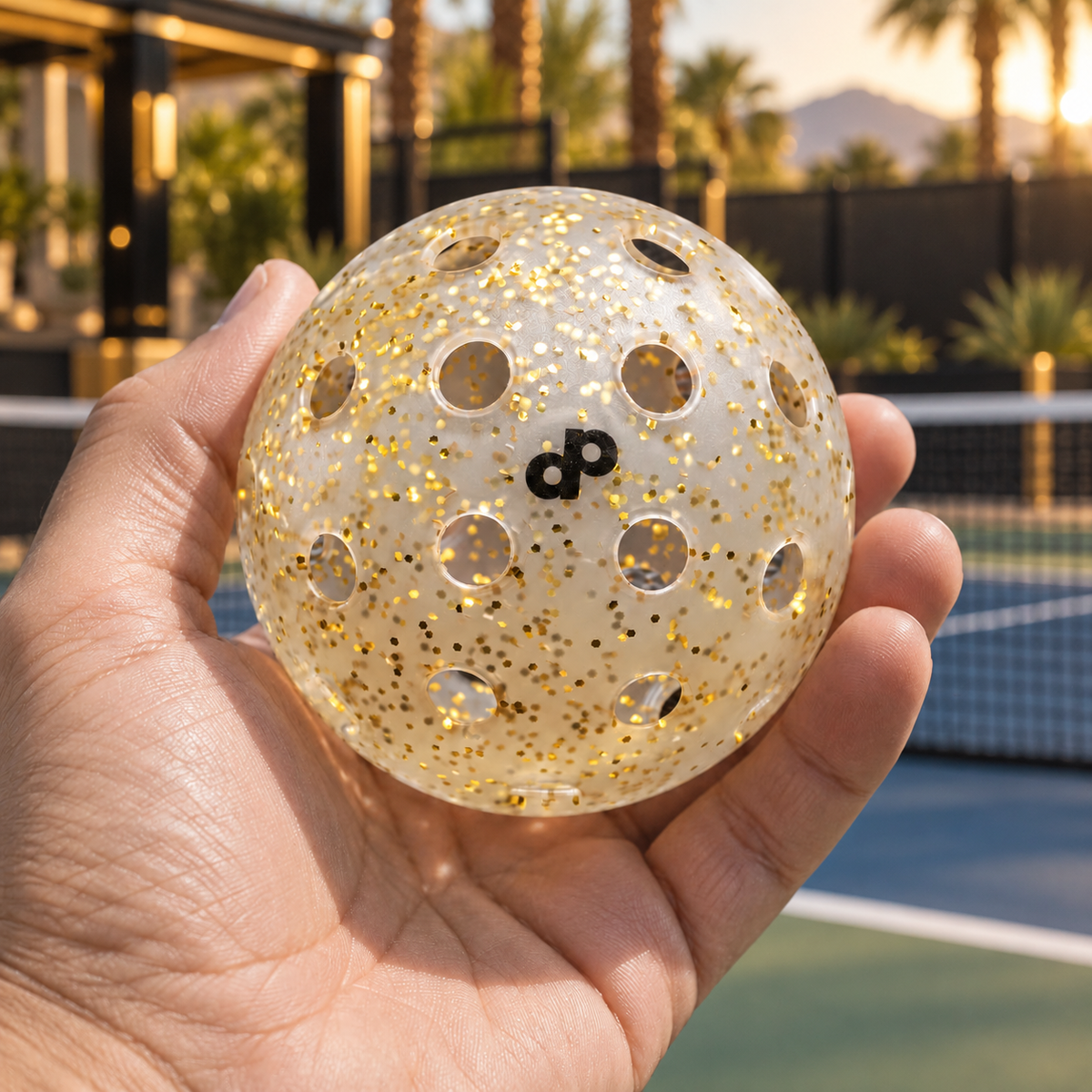 Gold glitter pickleballs held courtside in a warm Las Vegas resort setting.