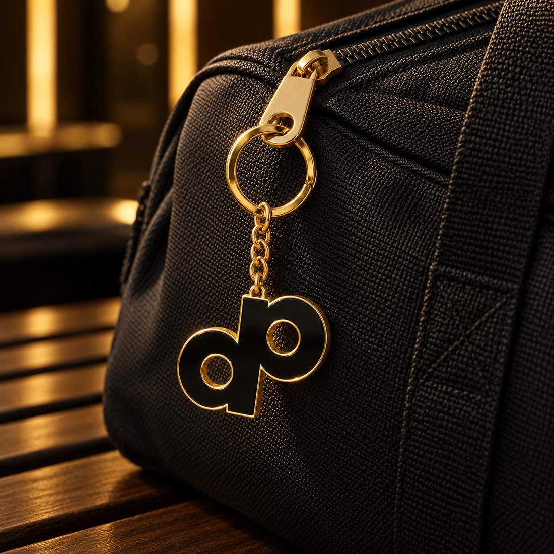 Gold and black DP keychain attached to a dark bag with warm gold light.