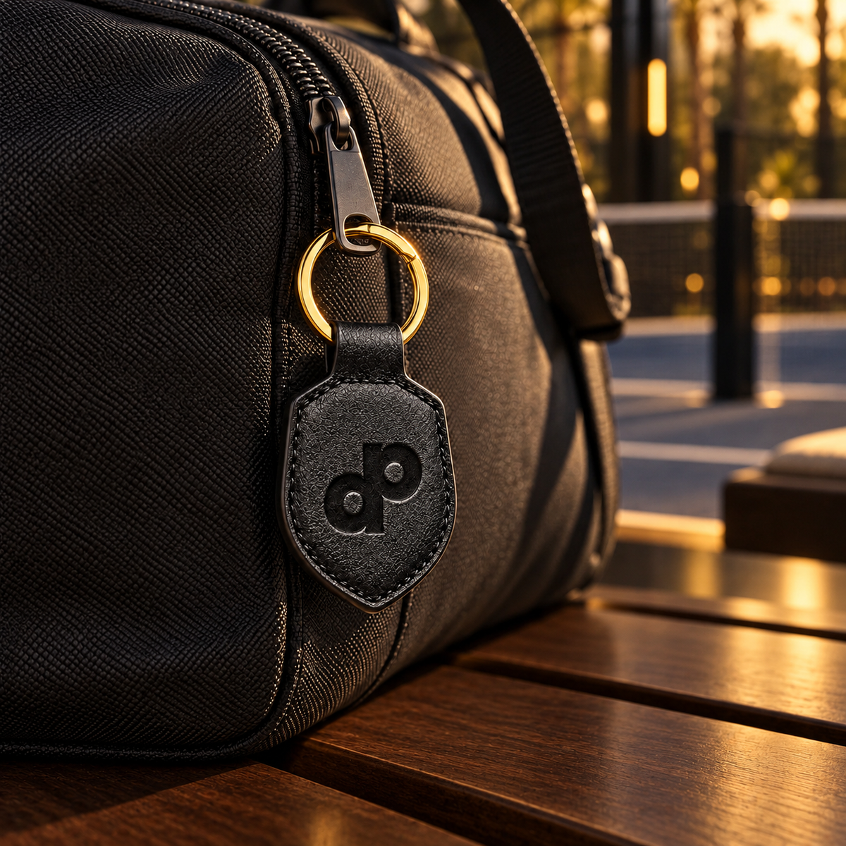 Black leather DP keychain on a dark sports bag beside the court in warm evening light.