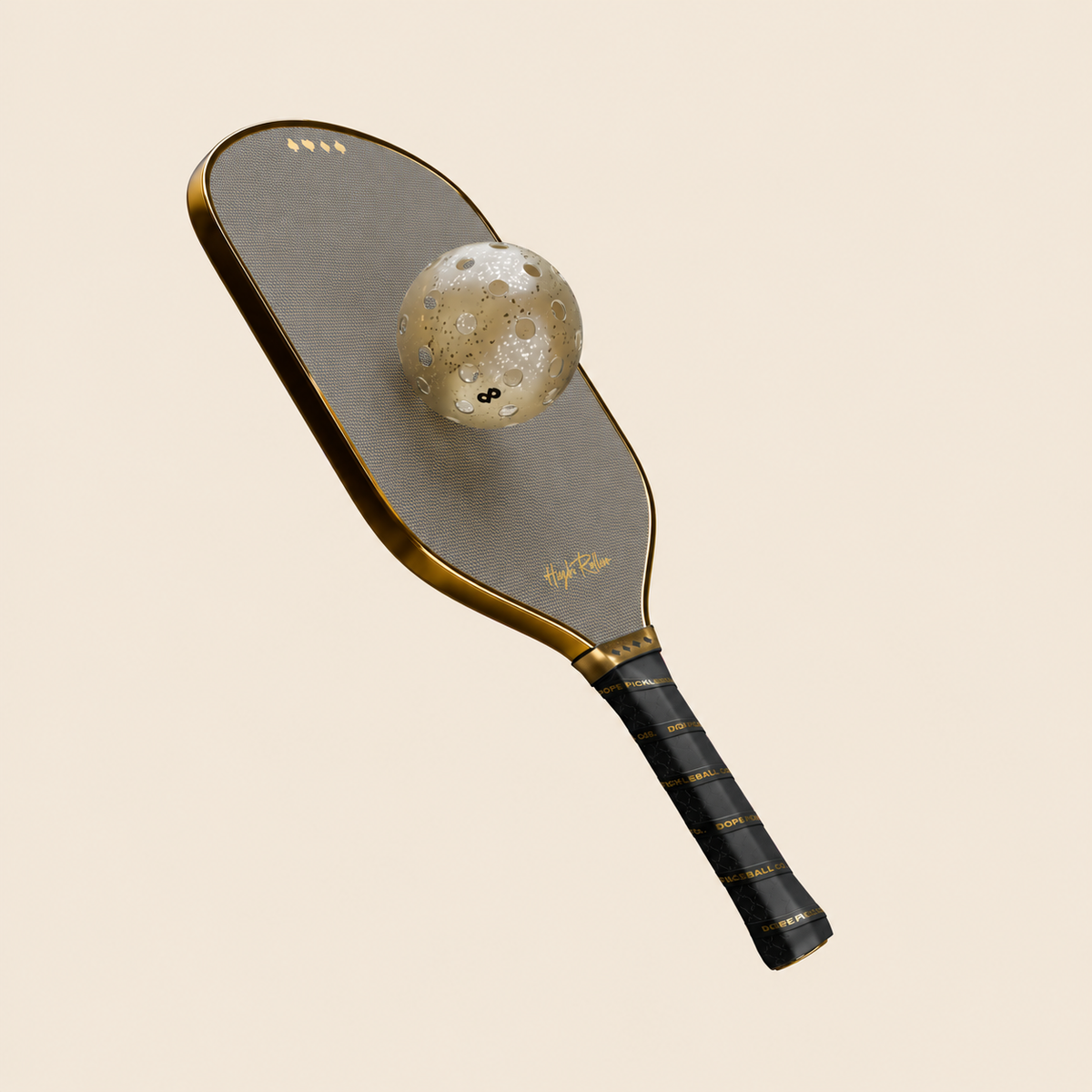 High Roller metallic chrome gold pickleball paddle with gold glitter pickleball, studio composition. Ball sold separately.