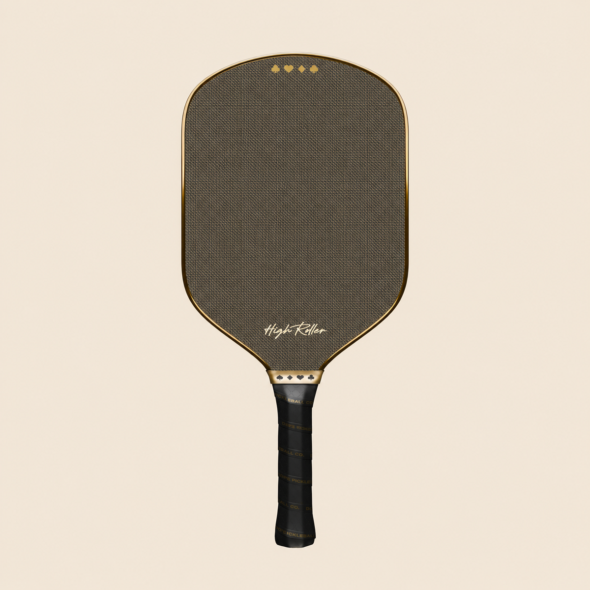 High Roller metallic chrome gold pickleball paddle, straight-on studio view