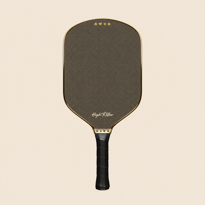 High Roller metallic chrome gold pickleball paddle, straight-on studio view