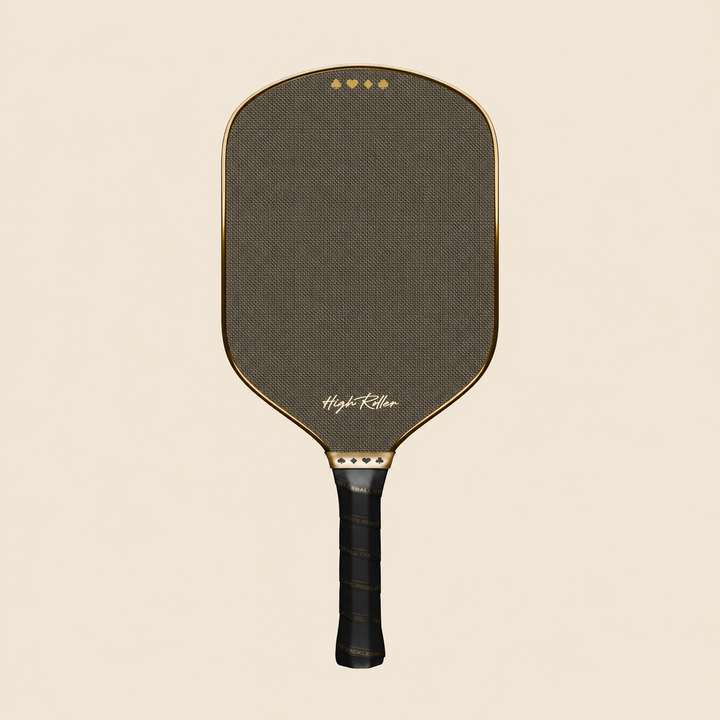 High Roller metallic chrome gold pickleball paddle, straight-on studio view