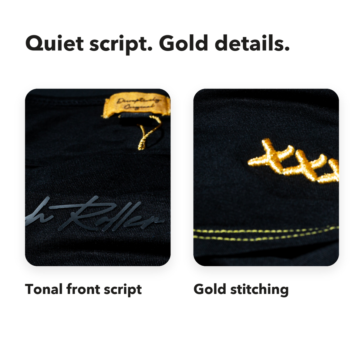 Real High Roller T-shirt photographs showing tonal script, gold stitching and four linked X details, presented on the brand cream.
