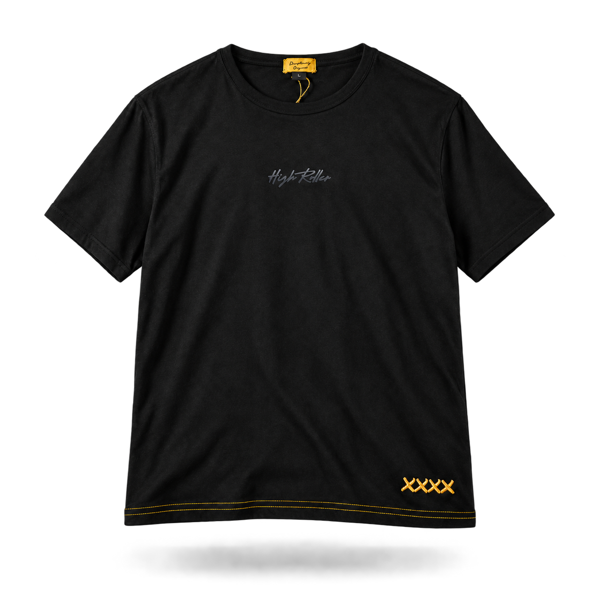 Complete front studio render of the black High Roller Lounge T-shirt with tonal script, gold neck label, gold hem stitching and four linked gold X stitches.