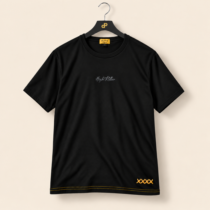 High Roller black shirt on a charcoal DP-logo hanger with a silver hook, sewn gold neck label and cream studio background.