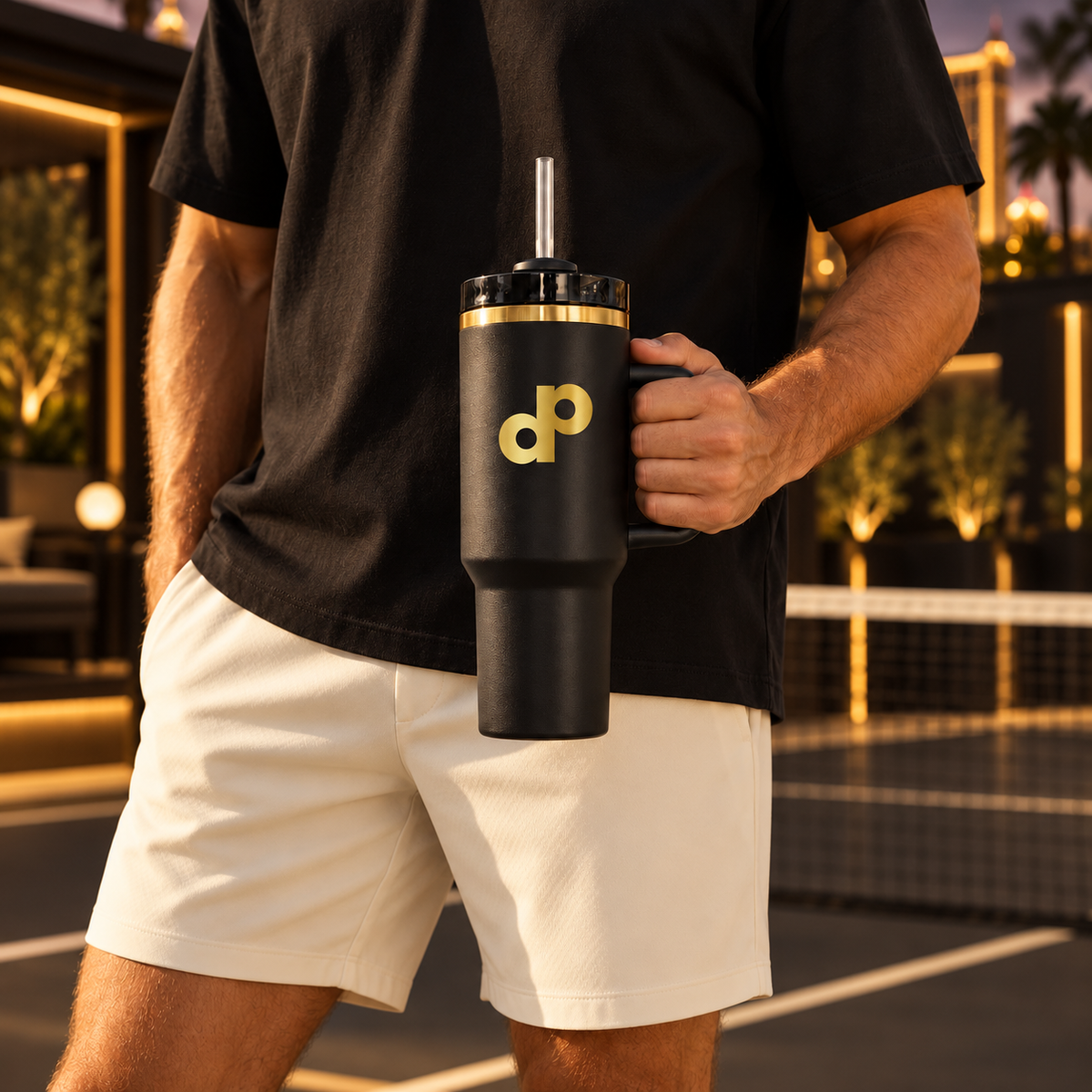 Black and gold High Roller tumbler held courtside in a warm Las Vegas resort setting.